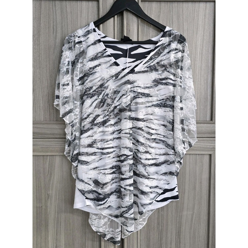Brittney Black Lacy Layered‎ Pullover Top Size Small Black White Zebra Stripe